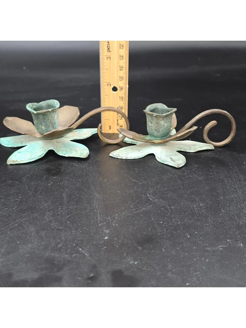 Vintage Verdigris Brass Flower Chamberstick Candle Holders Pair Made in India